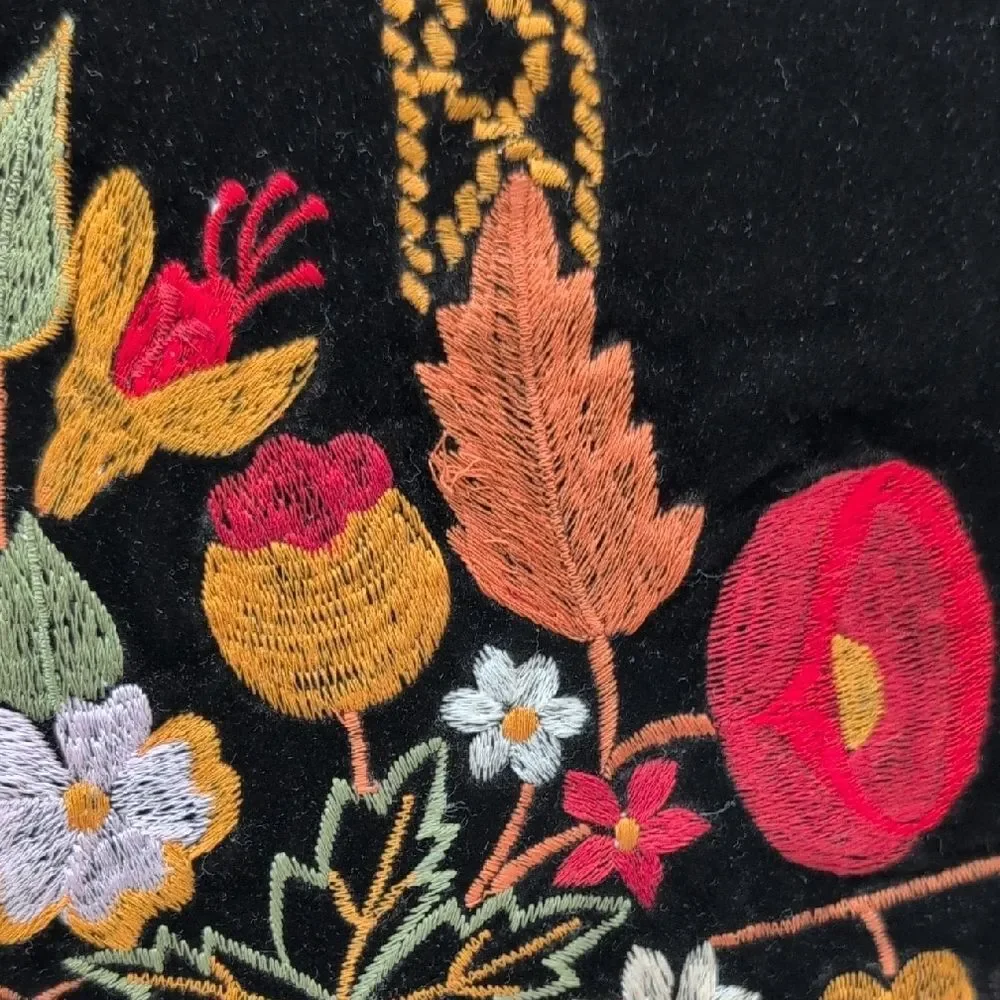 Vintage Black Velvet Floral Embroidered Throw Accent Pillow Floral Tapestry Back